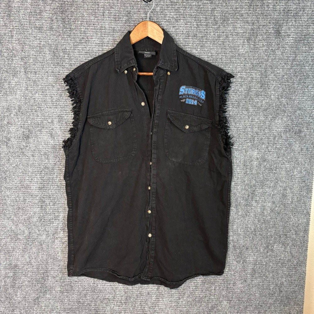 Biker Wear USA Sturgis Black Hills Rally 2014 Sleeveless Denim Shirt Mens Medium